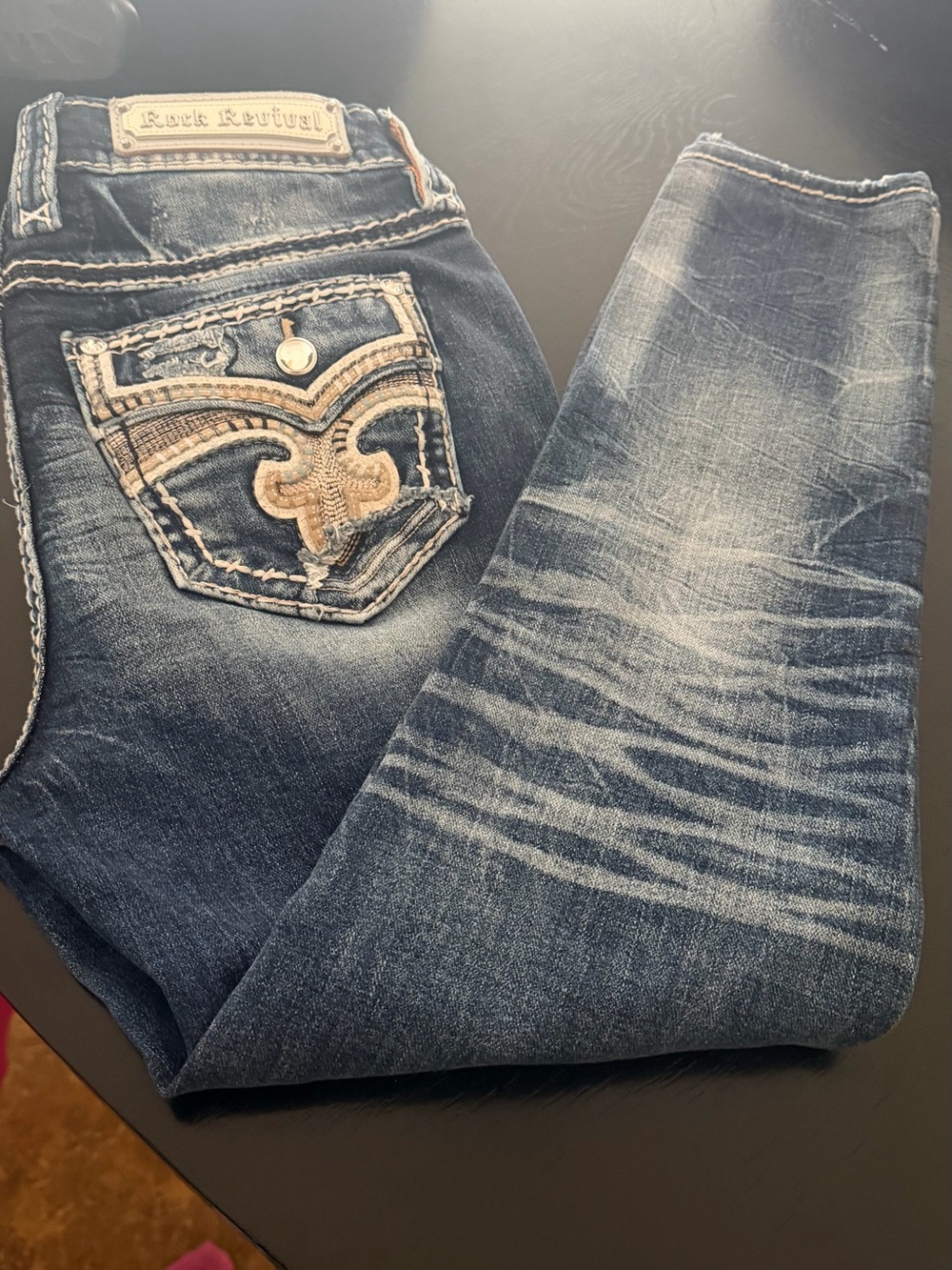 Rock Revival Women’s Dark Blue Washed Skinny Jeans with Embroidered Back Pocket